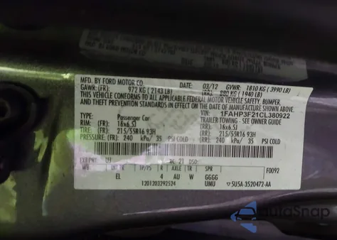 2012 Ford Focus Se z USA, uszkodzony, nr VIN 1FAHP3F21CL380922